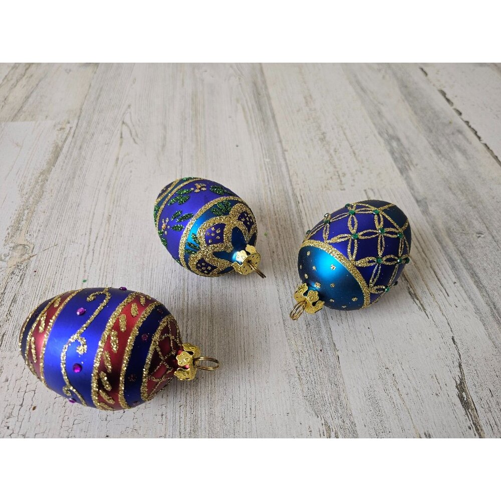 Glass glitter egg ornament set blue red large life size Xmas tree